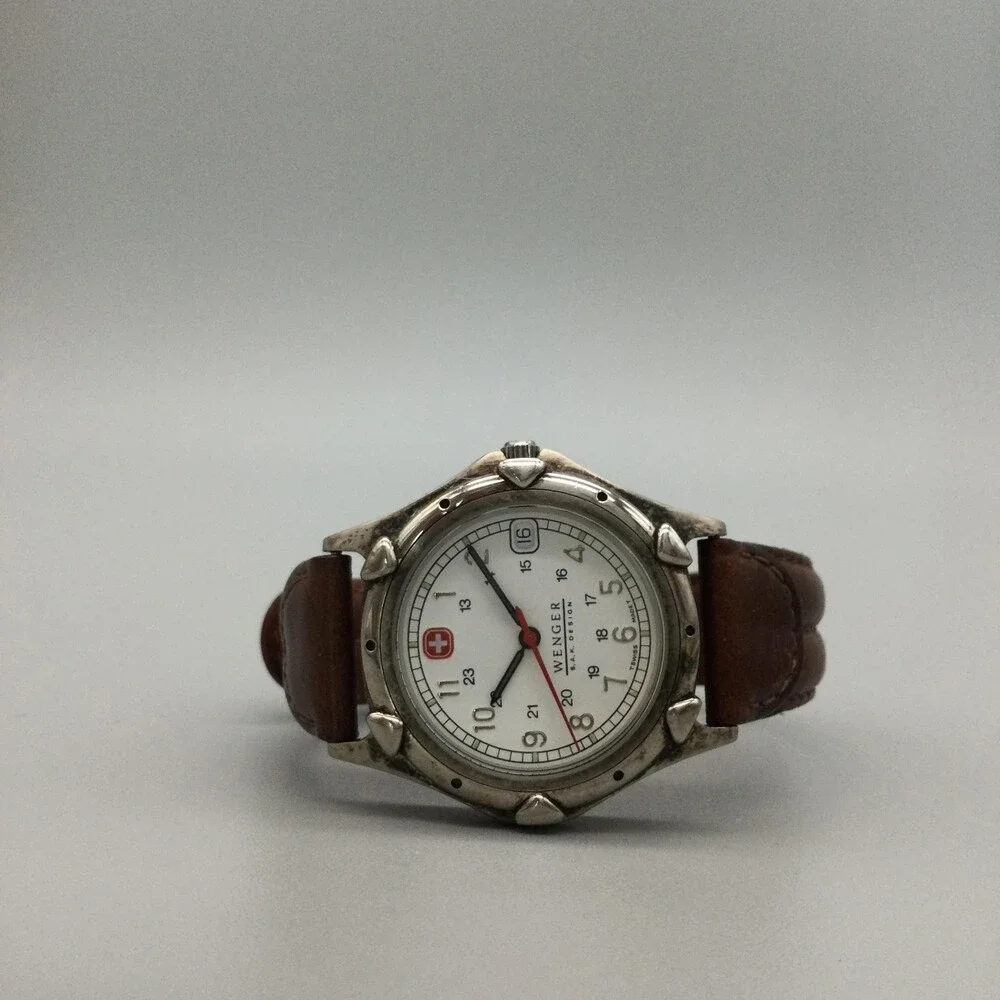 Vintage Wenger SAK Design Mens Watch 35mm Brown Leather NOT RUNNING FOR PARTS